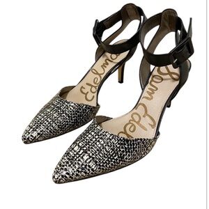 Sam Edelman Okala pumps with tweed-patterned pointed toe and a sleek ankle strap